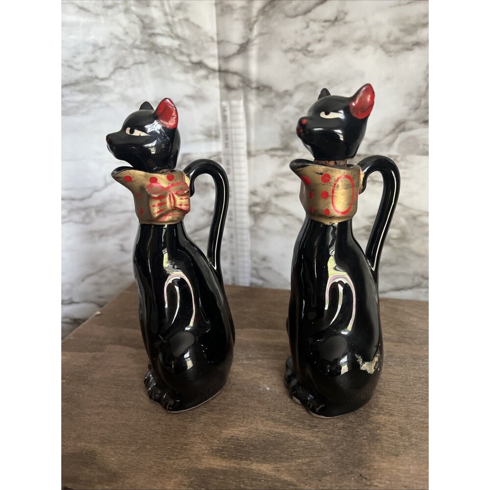 Black Cat Oil & Vinegar Cruets Vintage Relco Japan Design 6 1/2" Tall